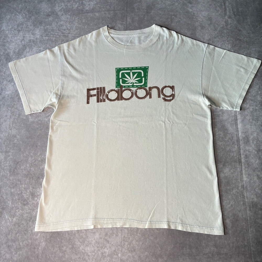 Y2K Fillabong Parody Funny T-Shirt Mens XL Cream Cannabis Leaf Surf Grunge